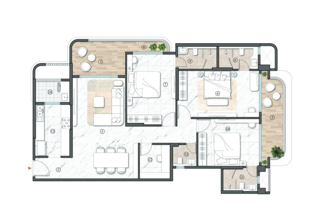 3 BHK with Study Floor Plan - 1649 sqft